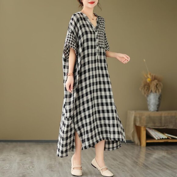 Women's Linen Dress Summer Casual Loose Gingham Midi Cotton Flowy - Picture 4 of 7